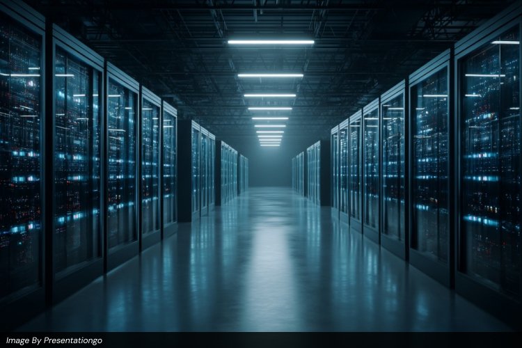 Cinematic blue data center server room representing high-performance hosting required for optimal website speed and SEO rankings.