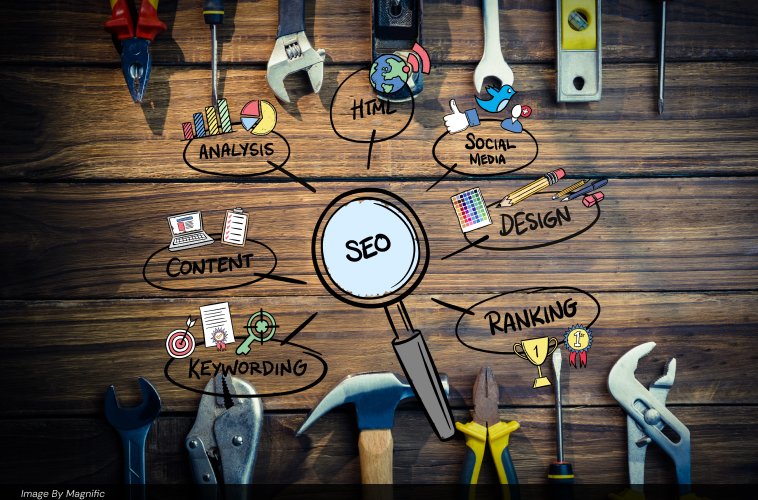 Hand drawn SEO mind map with content, keywording, analysis, design, social media, and ranking icons over a wooden tool background