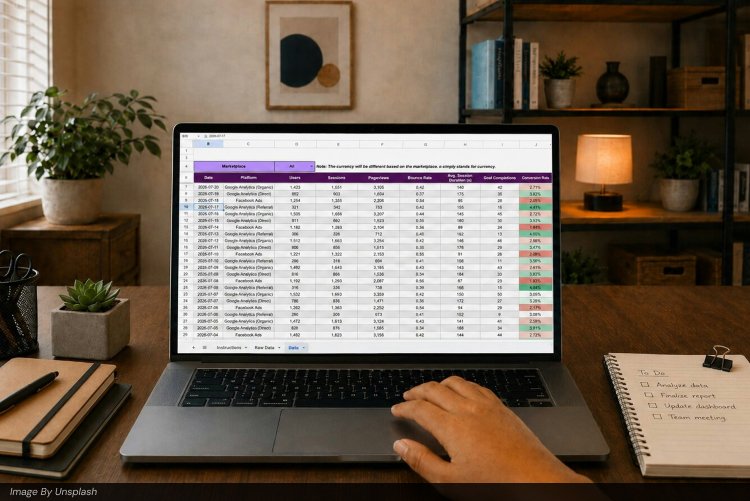 Laptop screen displaying a detailed spreadsheet with Google Analytics and Facebook Ads data including users, sessions, bounce rates, and conversion metrics, ideal for keyword research analysis, competitive research, and SEO strategy planning.