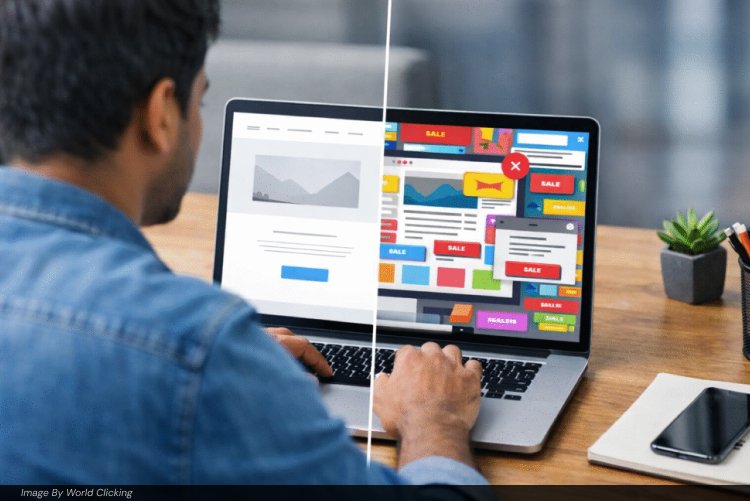 Split-screen comparison of a clean, minimal website design versus a cluttered, ad-heavy website layout