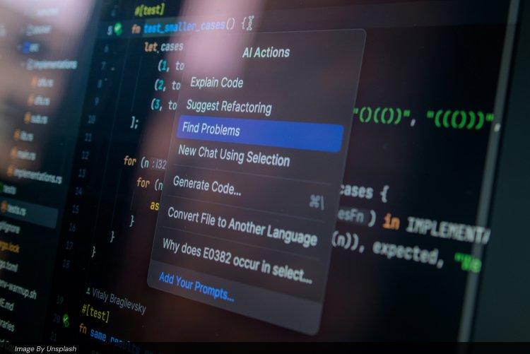 Code editor screen showing an AI assistant menu with options like Explain Code and Suggest Refactoring