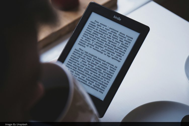 Close-up of a Kindle e-reader displaying an eBook page